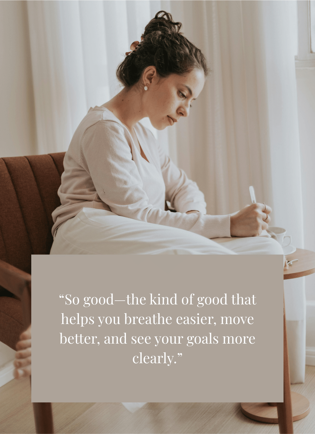 Woman journaling in a quiet, sunlit space, reflecting and gaining clarity during a pause.