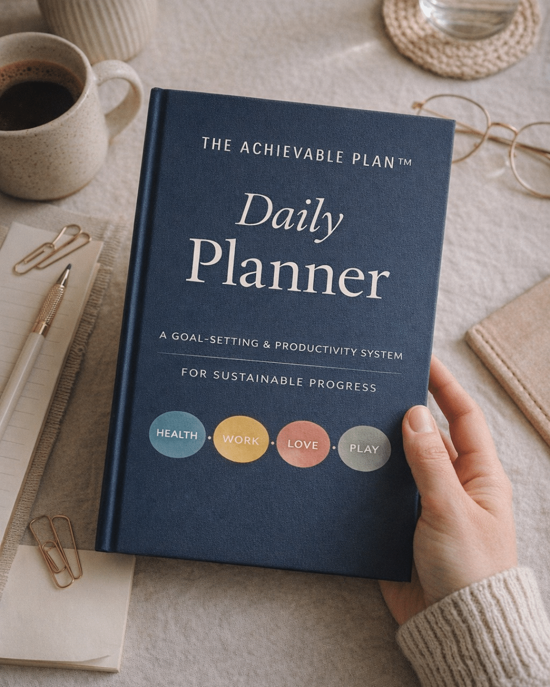 Daily planner for goal setting and quarterly reset planning with notebook, coffee, and workspace tools