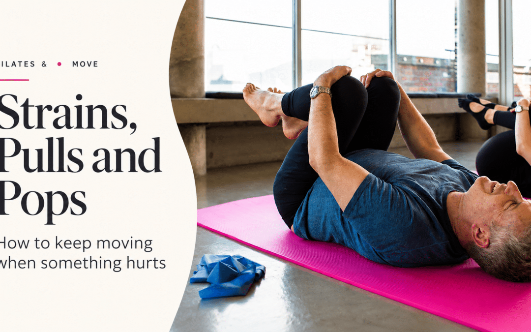 Pilates participant lying on a mat with knees drawn toward the chest, beside the headline “Strains, Pulls and Pops: How to Keep Moving When Something Hurts.”